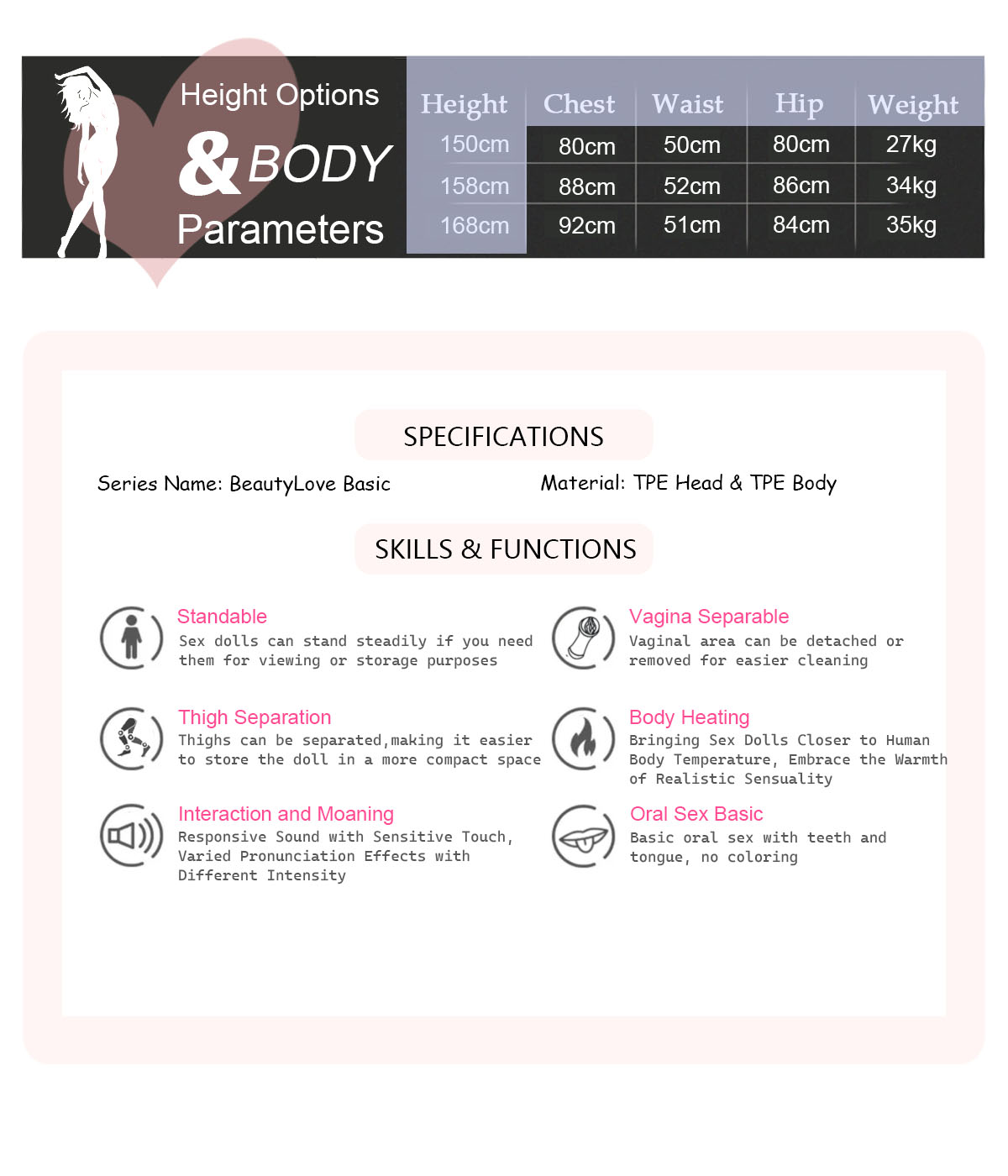 size chart for all tpe sex dolls of beauty love in sexdollsbest.com