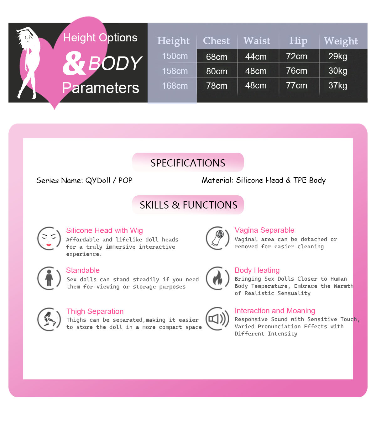 size chart for silicone head and tpe body sex dolls of thousand charms in sexdollsbest.com